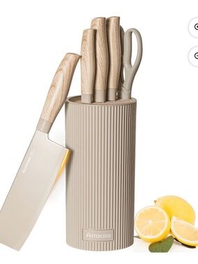 6-Piece Knife Set with Beige Wood-Effect Handles and Ribbed Block